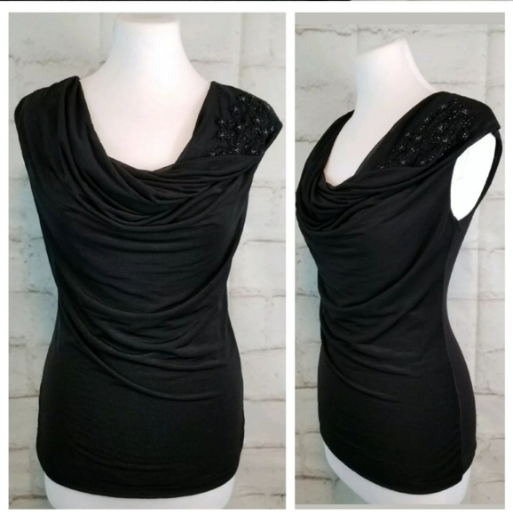 H&M S Black Beaded Cap Sleeve Top Sheer Overlay - Picture 4 of 6